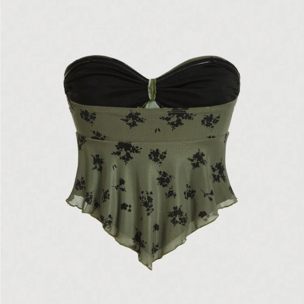 Floral Army Green Strapless Knotted Front Top - Picture 2 of 6